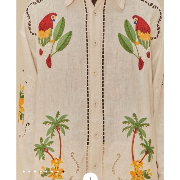 Farm Rio Tropical Destination Embroidered Beaded Linen Shirt - Picture 3 of 14
